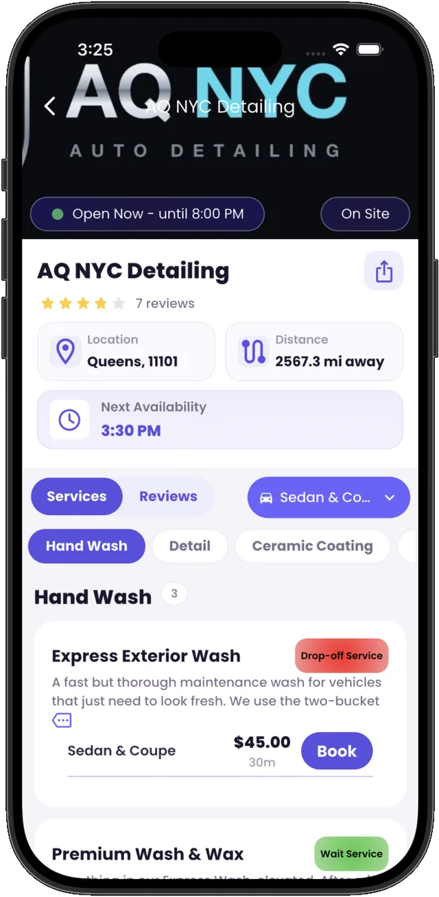 A member business's menu in the Revive app: services, prices, and the next opening.