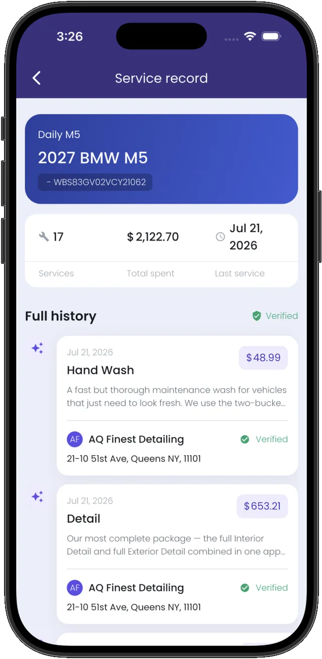 A vehicle's Glovebox in the Revive app: verified service history with totals.