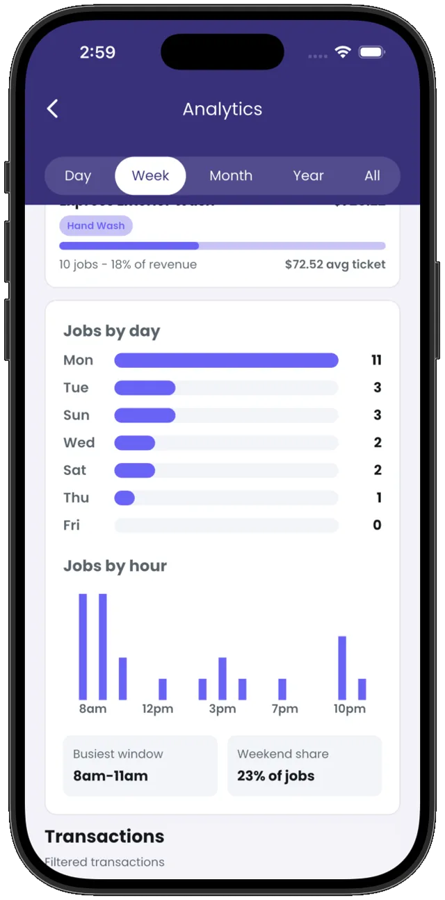 Jobs by day and by hour in Revive Pro, with the busiest window called out.