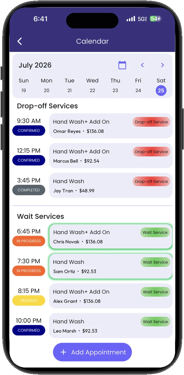 The Revive Pro calendar: a day's drop-off and wait appointments.