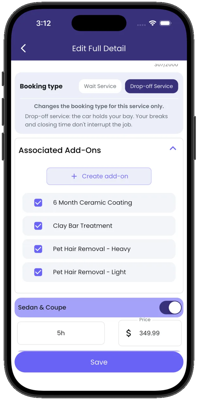 A service set to drop-off in Revive Pro, with its linked add-ons.