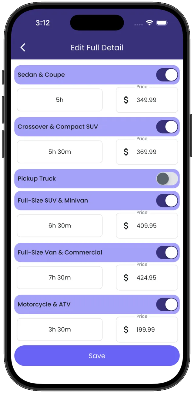 Editing one service in Revive Pro: its own price and duration for each vehicle class.