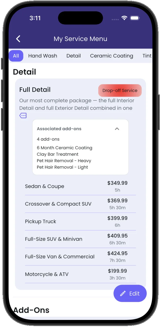 A Revive Pro service menu: category tabs, a Full Detail priced by vehicle, linked add-ons.
