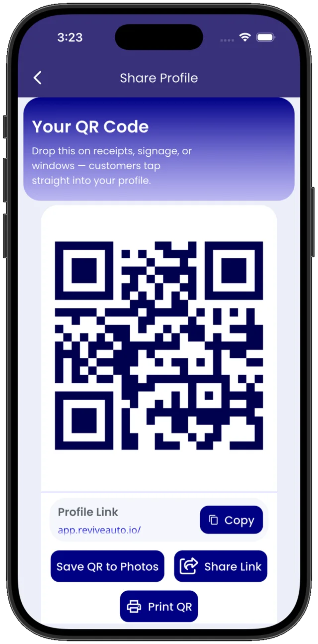 A shop's QR code in Revive Pro — for receipts, signage, or the window.