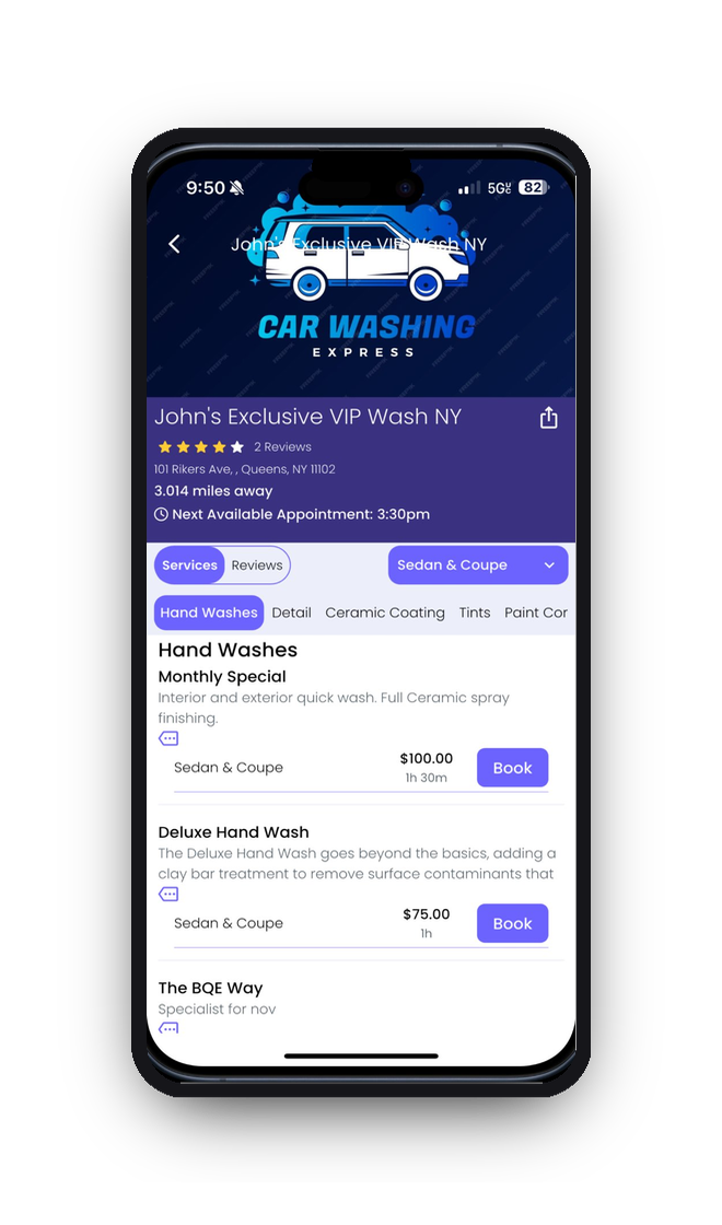 Revive app showing a detailer's storefront with service menu, pricing, and Book buttons