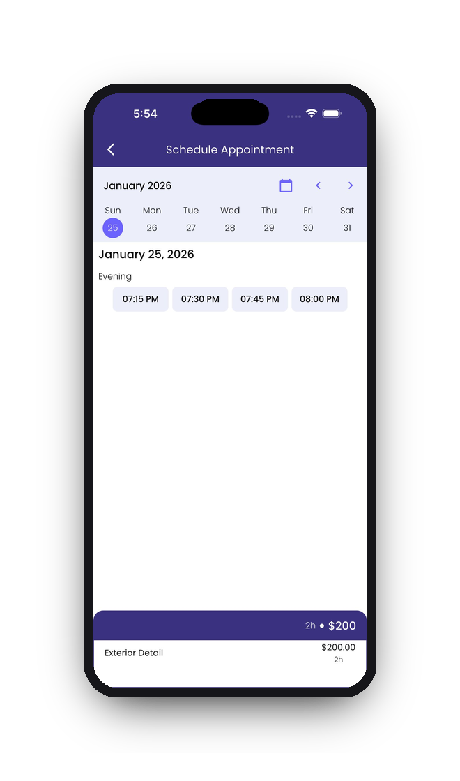 Revive app scheduling screen showing calendar and available time slots