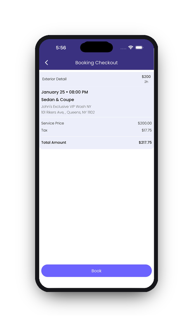 Revive app booking checkout showing service details, pricing breakdown, and Book button