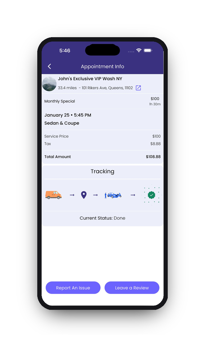 Revive app appointment tracking screen showing real-time service status from en route to completed