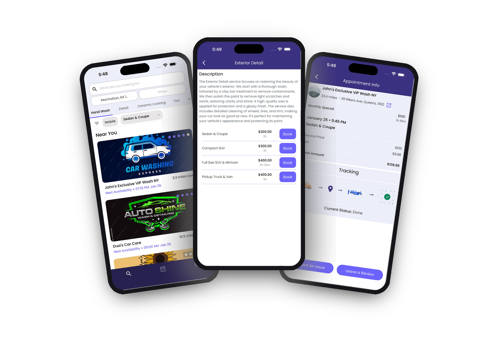 Revive app interface showing search results for mobile auto detailers near you
