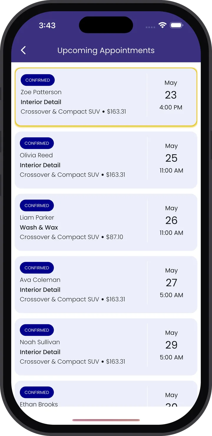 Revive Pro upcoming appointments list with customer names, services, and times