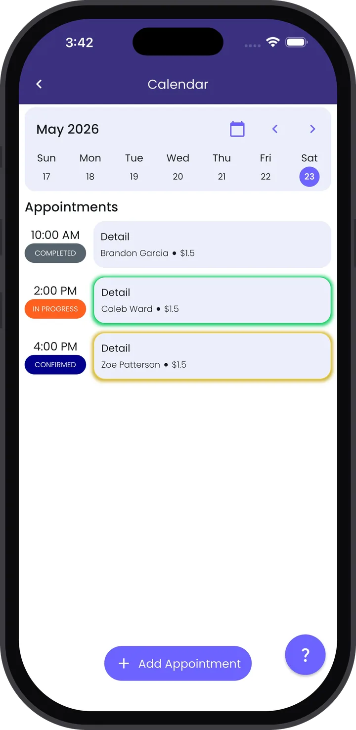 Revive Pro calendar showing the day's appointments with live status badges