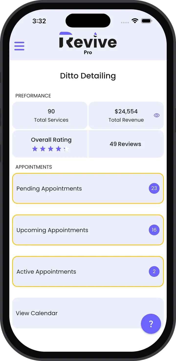 Revive Pro dashboard showing total revenue, services completed, overall rating, and pending and upcoming appointments