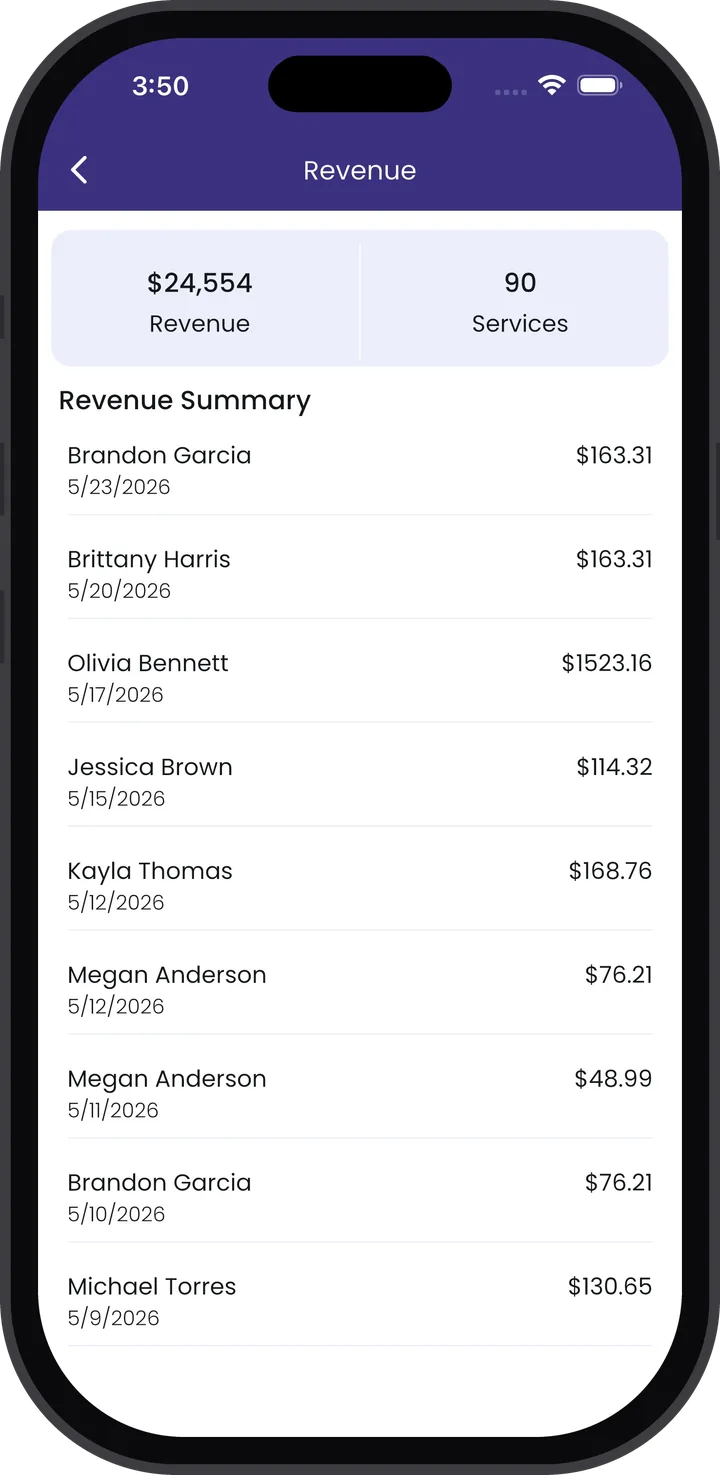 Revive Pro revenue summary listing completed jobs and Stripe payouts