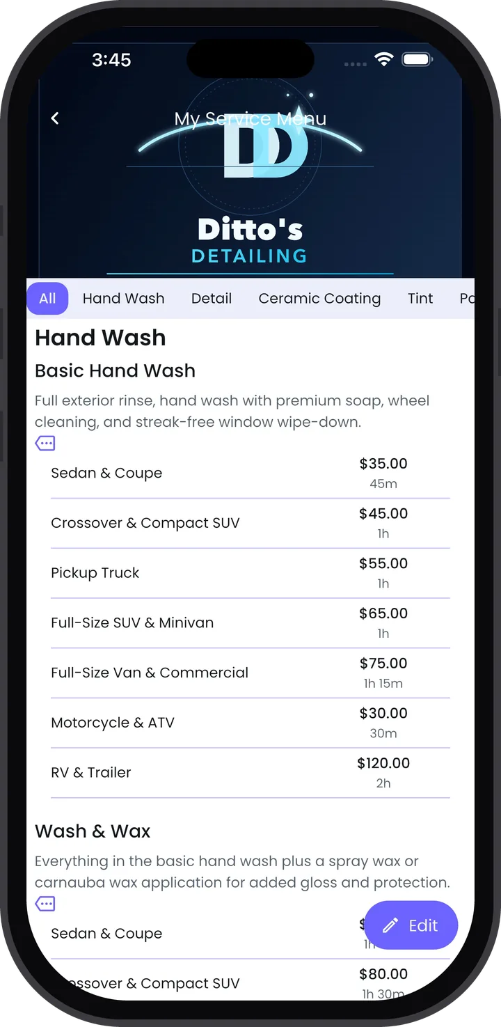 Revive Pro service menu editor showing hand wash pricing by vehicle type