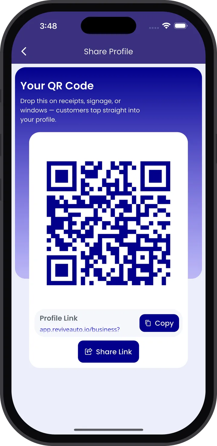 Revive Pro share profile screen with a personal booking link and QR code